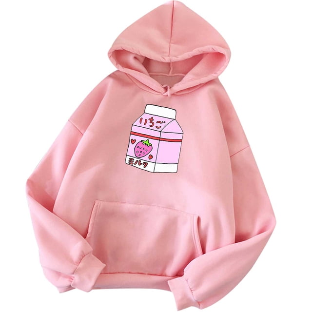 Pompotops Chandails en Molleton à Capuche pour Femmes, Imprimé Fraise, Manches Longues, Décontracté, avec Poche