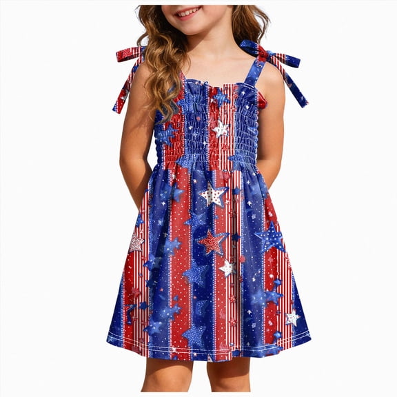 CAUYDY 1T 2T 3T 4T 5T 6T Kids Girl Dress Toddler Girls' American Flag Striped Star Print Dresses Baby Birthday Party Cute Spring Summer Fall Sundress (Sizes 5-6 Years,Dark Blue)