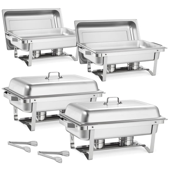 KFFKFF Rectangle Chafing Dish Set, 9 Qt Capacity, 4-Pack Stainless Steel Food Warmers with Hollow Handles, Includes 2 Tongs, Lids, Fuel Holders, and Dishes for Events, Parties, and Weddings