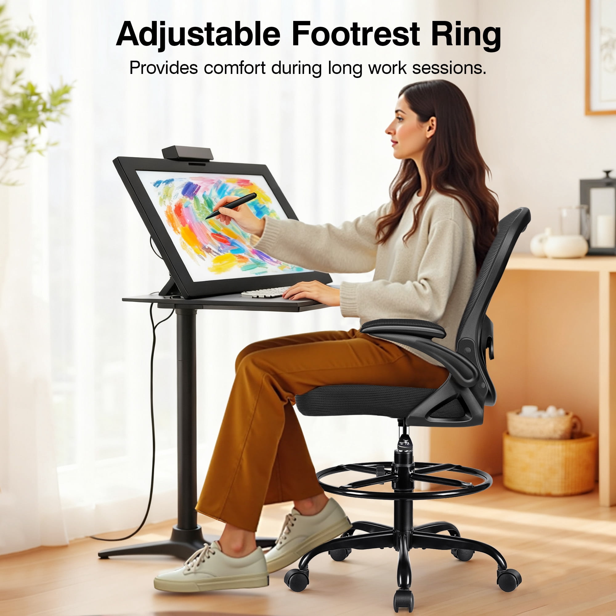 ATHOPE Ergonomic Office Chair, Mesh Desk Chair with Lumbar Support, Tall Office Chair with Flip-Up Armrests and Footrest Ring, Adjustable Computer Chair for Standing Desk Home Office, Black