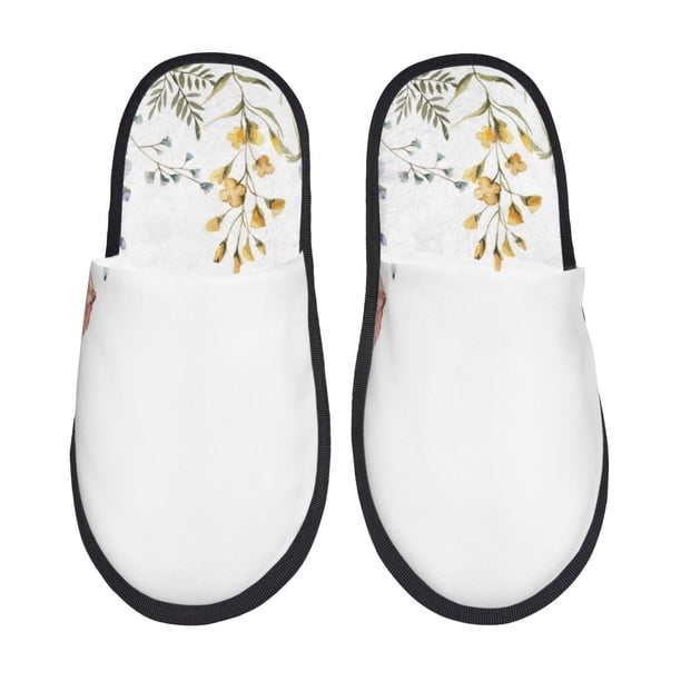 Balery Watercolor Floral Pantuflas de Casa de Felpa Silenciosas con Diseño Estampado, Zapatillas Cómodas Antideslizantes de Algodón para Interior-Large