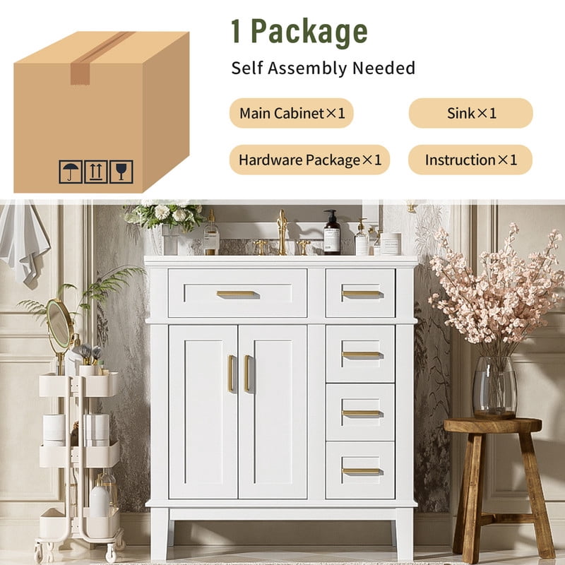 Bellemave 30" Bathroom Vanity Sink Combo, Modern Bathroom Storage Cabinet with 2 Drawers and 2 Soft Closing Door, Freestanding Bathroom Vanities (White)