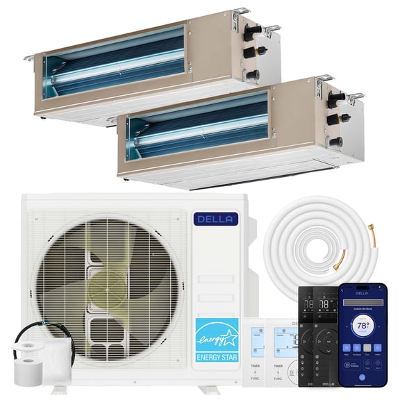 DELLA 27K BTU 2 Zone (11,000 11,000 BTU) Concealed Ducted Mini Split AC, 22 SEER2, Energy Star, 230V Inverter Heat Pump System, Pre-Charged, Work with Alexa and Wifi, 25ft Kit & Thermostat