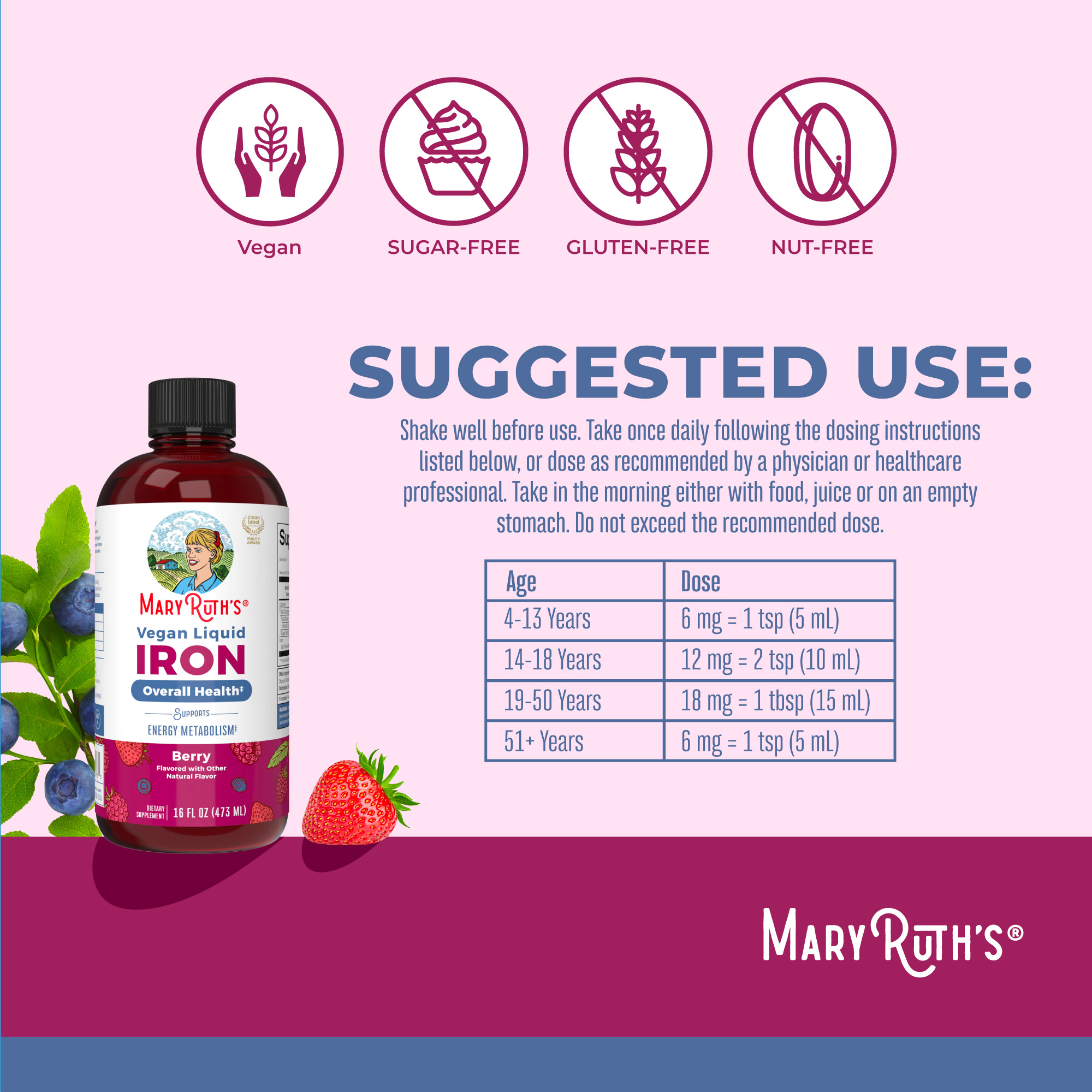 MaryRuth's Vegan Liquid Iron Berry Mineral Supplement, Cellular Overall Health, Unisex, Ages 4+, 16 fl oz