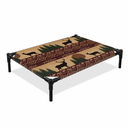 Deer Silhouette Elevated Dog Bed Rustic Ethic Green Pine Trees Brown Sunset Linen Texture Cooling Breathable Outdoor Raised Dog Cot Bed with Metal Frame Non-Slip Feet for Large Dog 28x22in