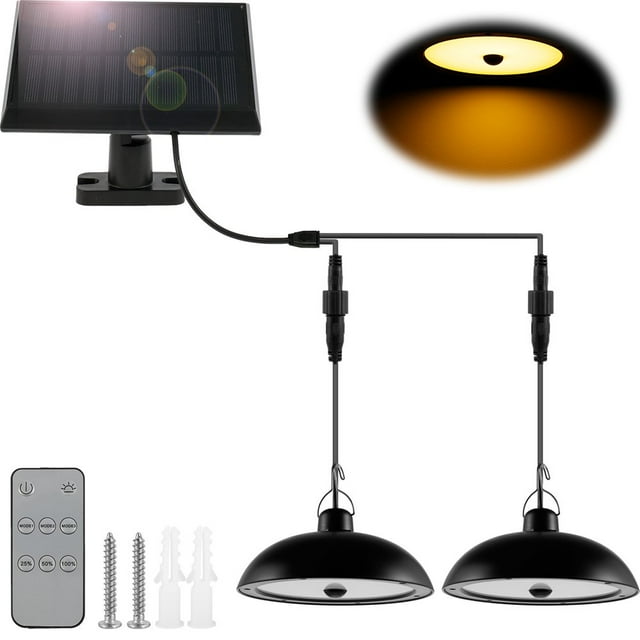 78/156LED Solar Pendant Lights with Remote Control IP65 Waterproof Solar Shed Light with 3 Lighting Modes Double Head Hanging Lamp with 9.84FT Cord Decorations Lamp for Barn Balcony Garde