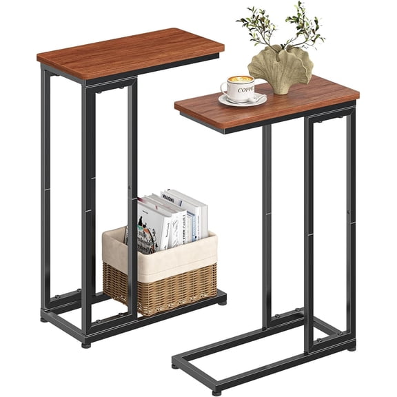 C-Shaped End Table Set of 2, Slide Under Sofa Side Table with Metal Frame, Rustic Brown for Living Room, Office, Small Spaces