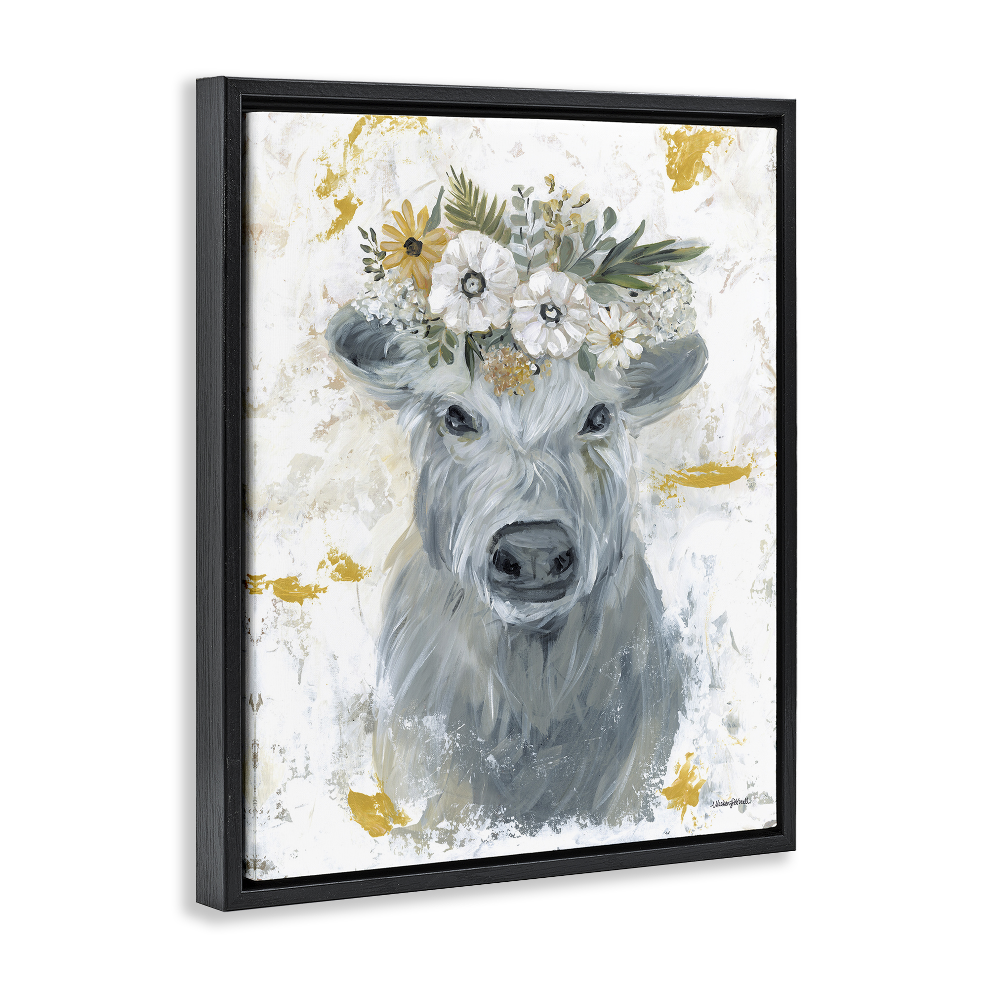 Stupell Industries Grey Cattle with Flowers Animals & Insects Painting Black Floater Framed Canvas Art Print Wall Art, 25 x 31
