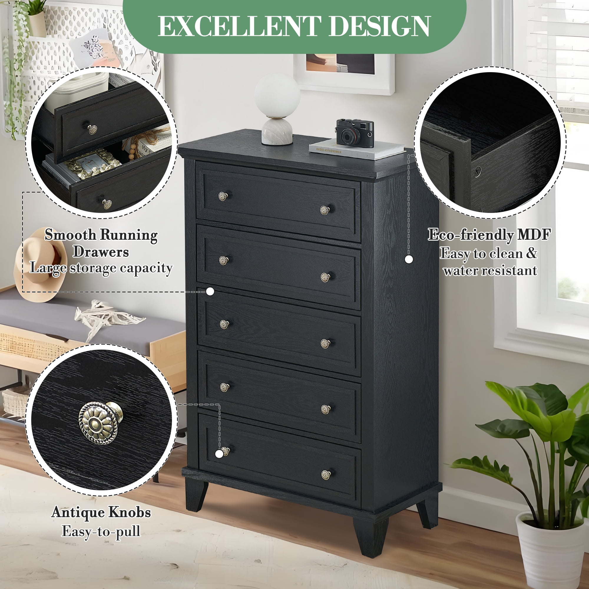 5 Drawer Dresser for Bedroom, 48" Tall Modern Chest of Drawers with Deep Drawers, Wood Storage Cabinet with Vintage Metal Handles for Living Room, Hallway, Black