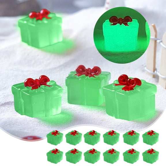 Latrodar Christmas Mini Resin Gift Box 12 PCS Light up Wrapping Ornaments Decor with Bow 6 Colors Elegant Handicraft Box 0.7x0.74in for Xmas Gifts Party Supplies Green
