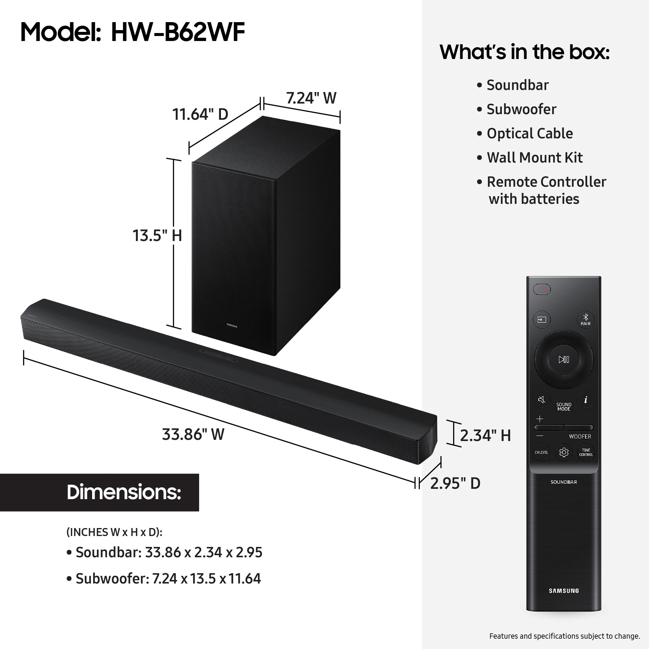 Samsung B-series 3.1 Ch DTS Virtual:X Soundbar with Subwoofer HW-B62WF/ZA 2025