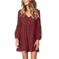 thumbnail image 2 of EGNMCR Robe à Volants pour Femme Été Col en V Couleur Unie Manches Longues Tunique Évasée Robe Grande Taille Tendance Décontractée Soleil Plage Mini Robes, 2 of 6