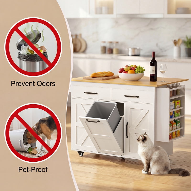 Vineego Rolling Kitchen Island with Storage, Mobile Kitchen Cart on Wheels with Drop Leaf Countertop, Drawers, Barn Doors & Side Shelves, White with Natural Wood Top