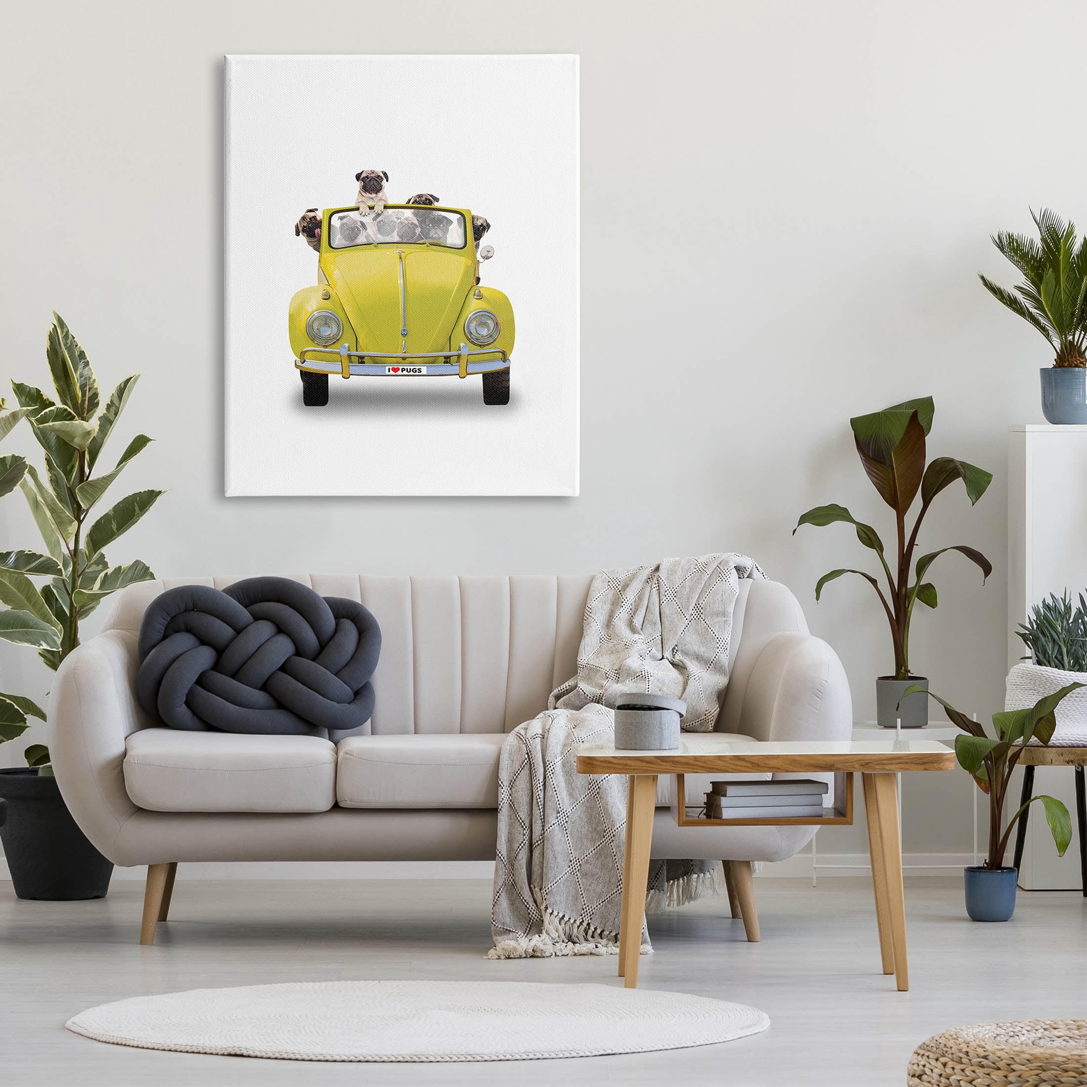 Yellow Antique Car Love Pugs Animals & Insects Graphic Art Gallery Wrapped Canvas Print Wall Art