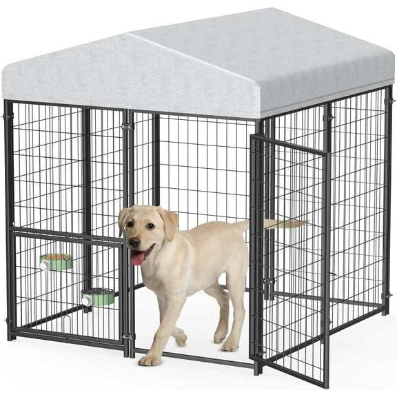 Large Dog Kennel Outdoor with Water-Resistant Roof Heavy Duty Outside Dog Kennel Pet Pens Dogs Run Enclosure with Rotating Feeder and Secure Lock (4'L x 4'W x 4.4'H)