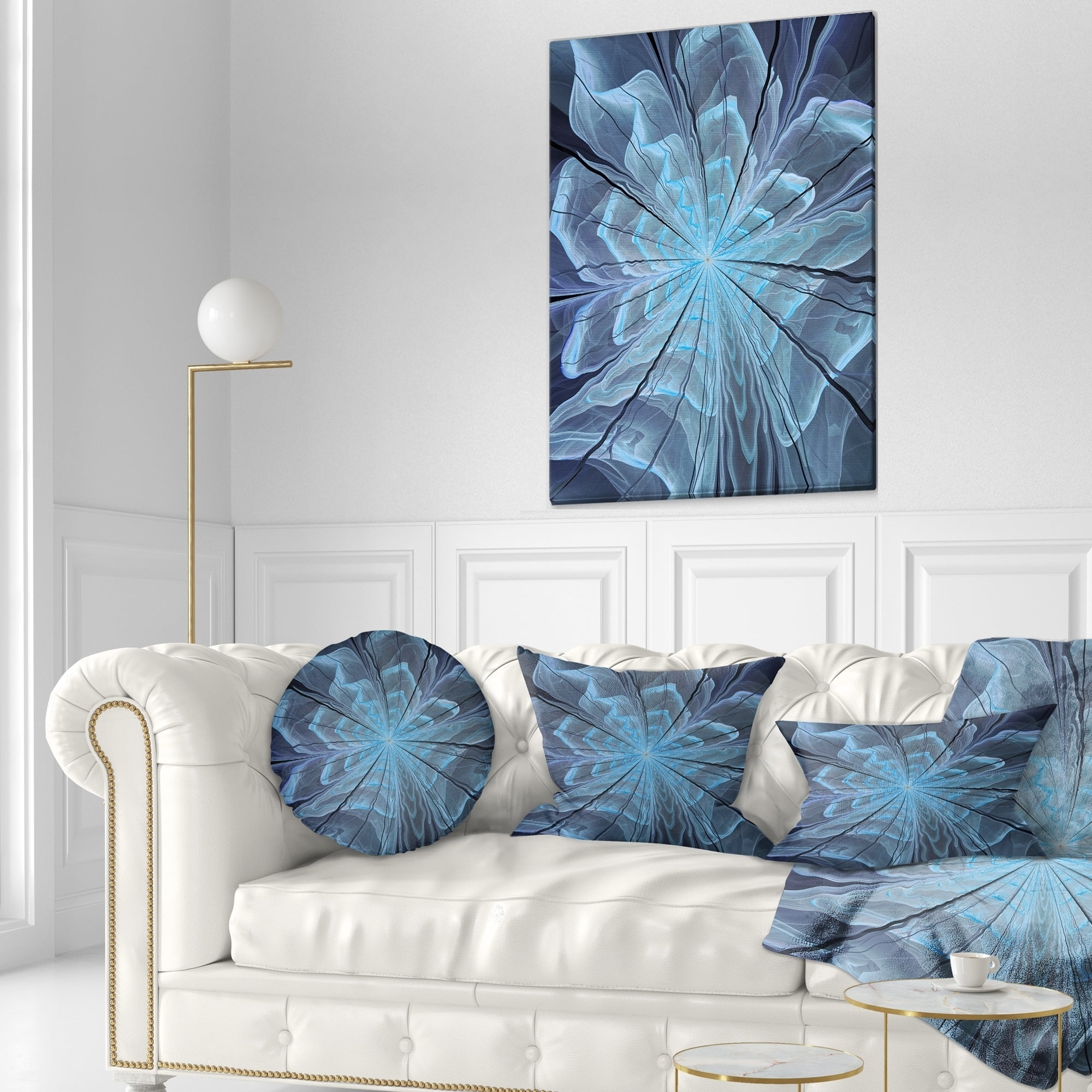 Sofa Throw Pillow 16 Designart CU12019-16-16-C Soft Blue Fractal Flower with Large Petals Floral Round Cushion Cover for Living Room