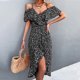 thumbnail image 2 of Vestido estampado Cuello en V Mangas con volantes florales elegantes Vestido largo irregular con cinturón Negro M, 2 of 6