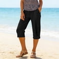 thumbnail image 2 of TQWQT Pedal Pushers for Women Drawstring Cotton Linen Capri Pants Dressy Casual Elastic Waist Wide Leg Cropped Pants Trendy Summer Palazzo Trousers with Pockets Black L, 2 of 9