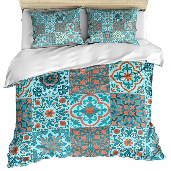 Retro Middle Century Bedding 3 Piece Duvet Cover Set Full Size, Rustic Bohemia Style Aztec Blue Soft Microfiber Comforter Cover with Zipper Closure & Pillowcases, Wrinkle & FadeResistant Quilt Cover