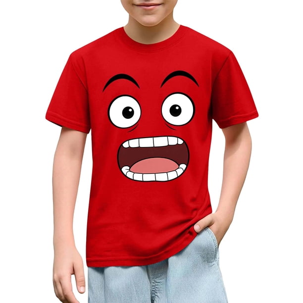 Blusas y camisas de manga corta con cuello redondo para niños y niñas, color liso, con estampado de expresión linda, manga corta, holgadas y cómodas, blusa para niña