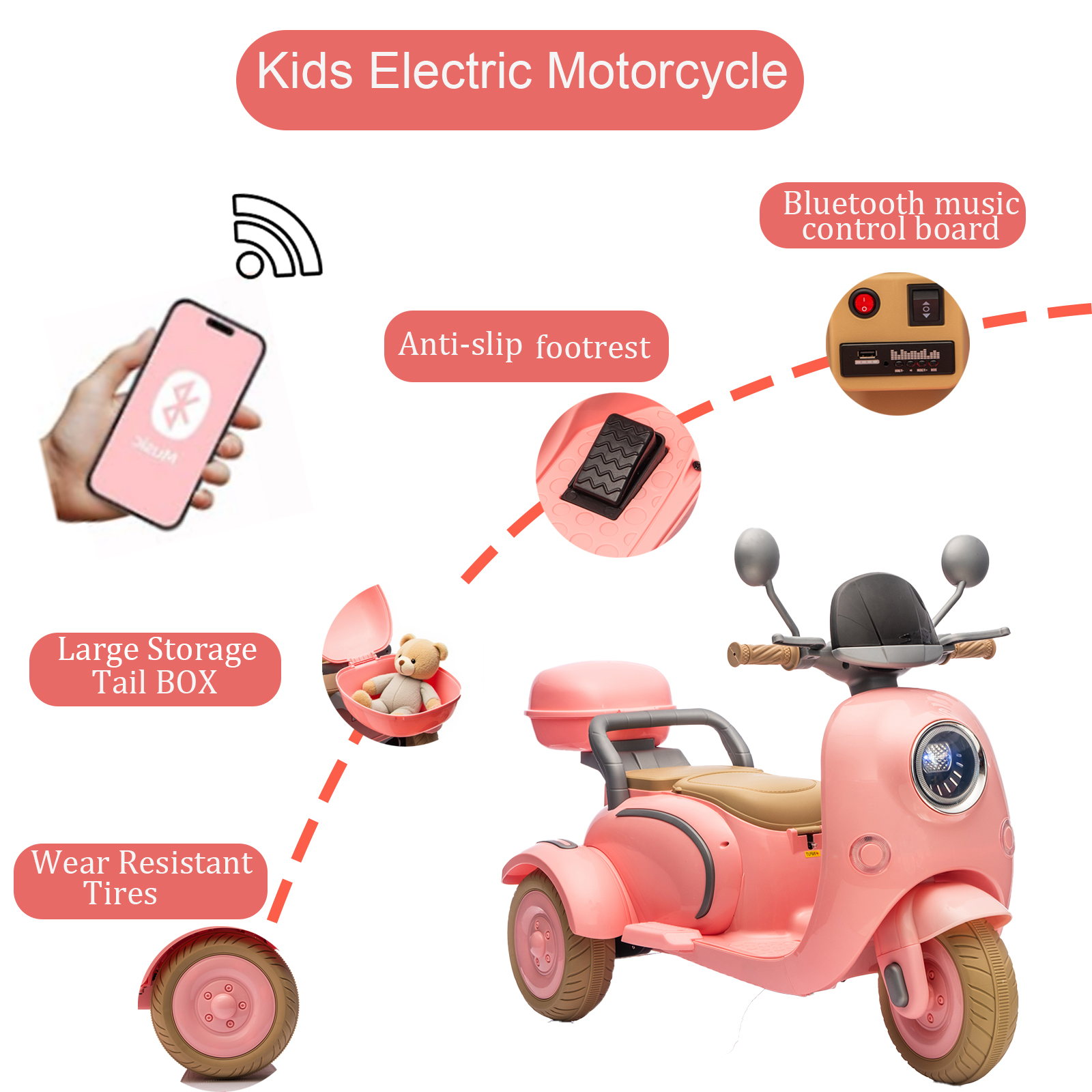 FINITO 12V 2 Seater Kids Electric Motorcycle, 3 Wheel Electric Bike with Storage Box, Bluetooth Music, LED Light, 2WD Electric Motorcycle for Kids, Pink