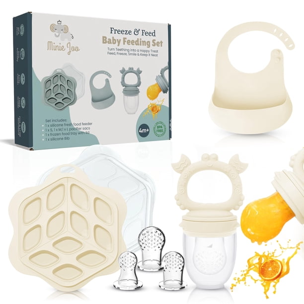 Set de alimentación Minie Joo para bebé con alimentador de frutas y mordedera, con babero y charola