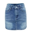 thumbnail image 6 of Women Denim Mini Skirt Casual A Line High Waist Button Zipper Closure Five Pocket Design Raw Hem Skirt Light Blue L, 6 of 8