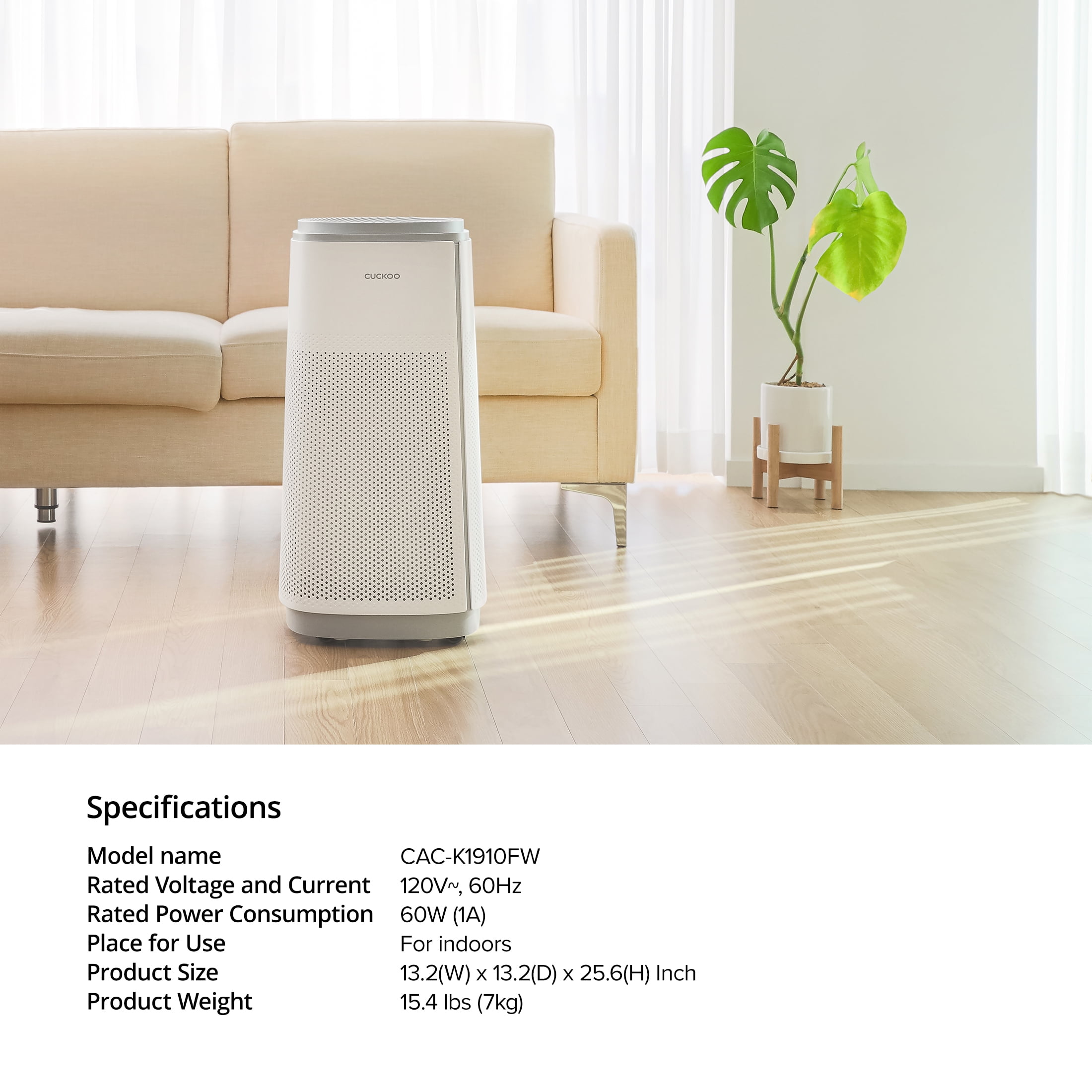 CUCKOO CAC-K1910FW 5-Stage Filtration H13 True HEPA Air Purifier with UV-C Light for Large-Sized (2,256 sq. ft.) Rooms, Activated Carbon Filters, 99.97% Filtration, Auto+ Mode (White)