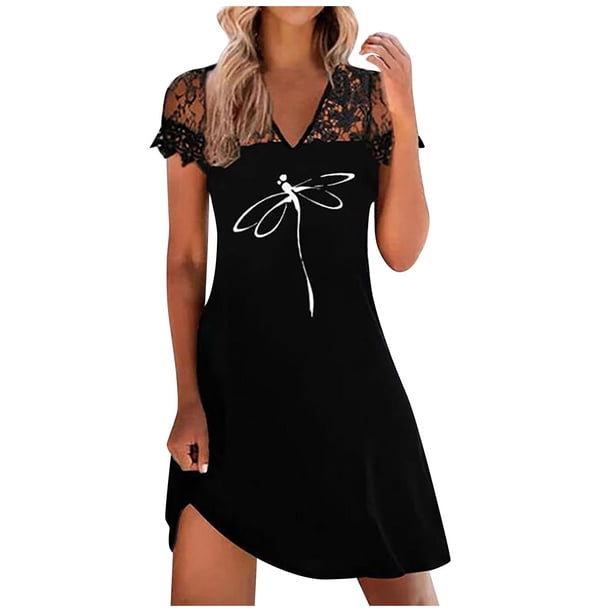 Moda mujer Casual Sexy cuello en V vestidos estampados verano manga corta pulóver vestido de encaje Fridja bnh5280