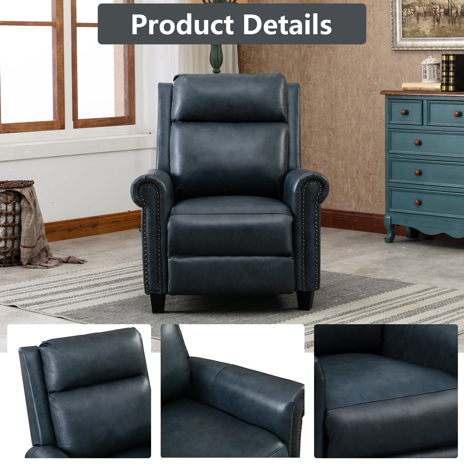 Bonzy Home Genuine Leather Recliner Push Back Recline Chair with Classic and Traditional Armrests Inlaid with Vintage Rivets, Navy