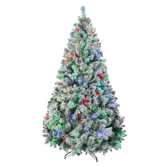 7.5ft Tall Prelit Artificial Christmas Tree Holiday Décor with 1149 Snow Flocked Branches, Warm White or Colorful LED Lights, Steel Base