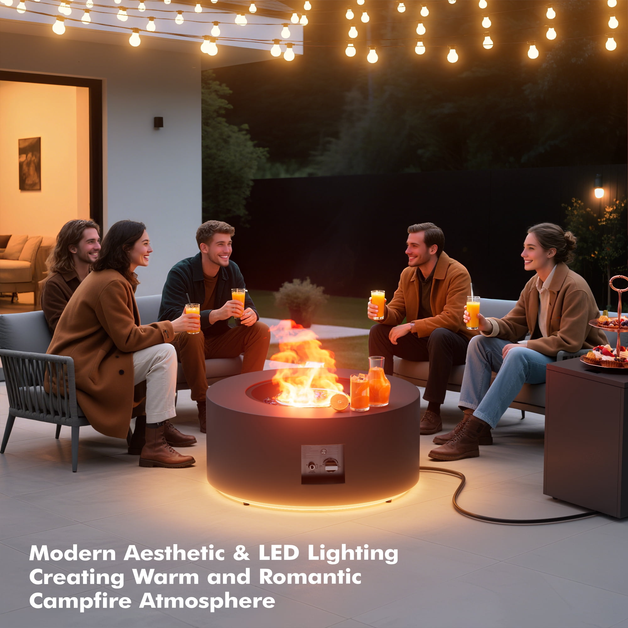30 in. Round Propane Fire Pit Table with LED Light - 50,000 BTU Gray Outdoor Fire Pit with Tank Holder, Gas Fire Pits s for Outside (Dark Gray, Golden LED Light)