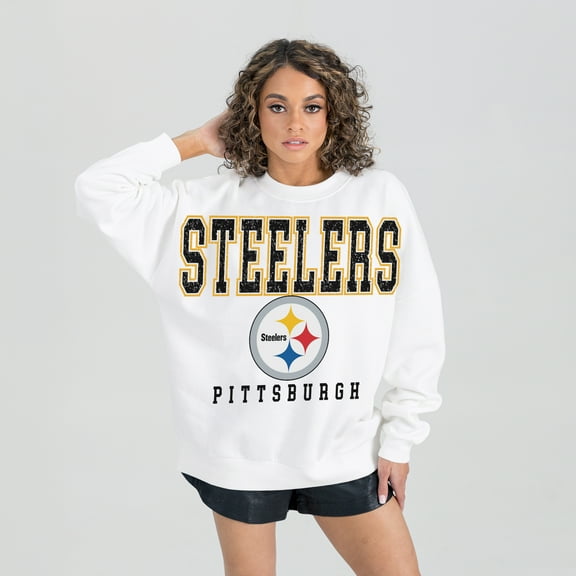 Women's Gameday Couture White Pittsburgh Steelers Sunday Drives Oversized Crewneck Pullover Sweatshirt