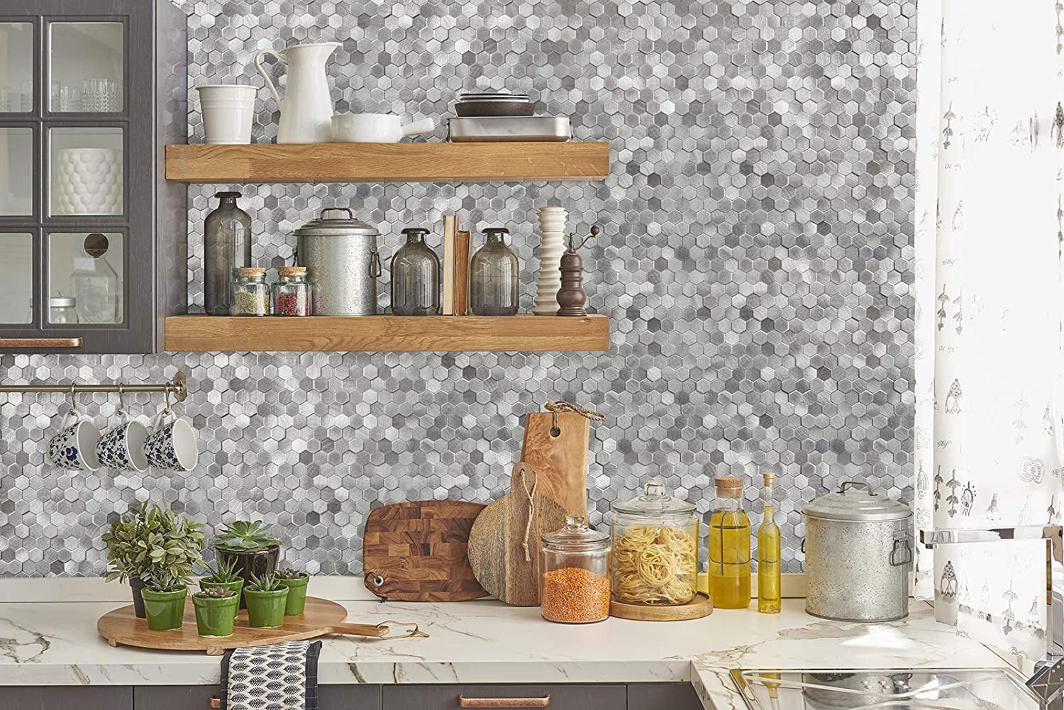 KASARO 10-Sheet Kitchen  Tiles, Peel and Stick Backsplash Hexagon Metal Mosaic Tiles, Decorative 3D Self Adhesive Wall Tiles for Living Room, Bathroom, Fireplace, 12”x12”, Silver