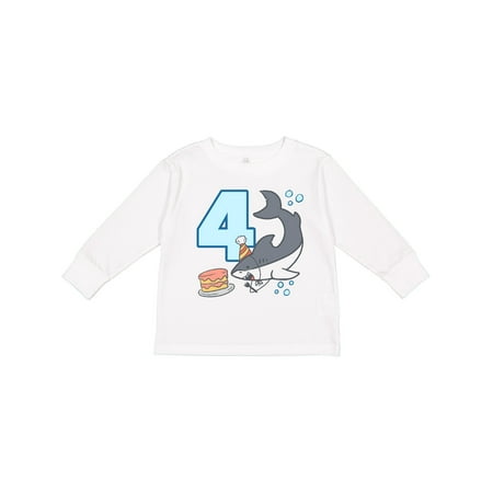 

Inktastic 4th Birthday Shark with Cake Boys or Girls Long Sleeve Toddler T-Shirt
