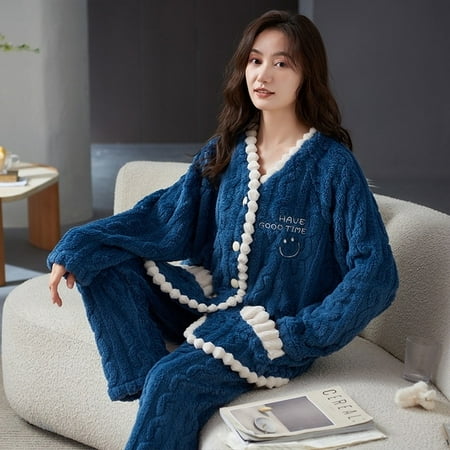 

QWZNDZGR Winter Flannel Elegant Women Cartoon Sleepwear Girls Pajamas Pajama Sets Nightwear Coral Fleece Pijamas Mujer Homewear Fashion