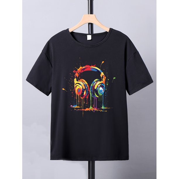 Headphone Graffiti Print Boy's Casual T-shirt, Short Sleeve Comfy Tee Tops, Summer Outdoor Sports Clothing