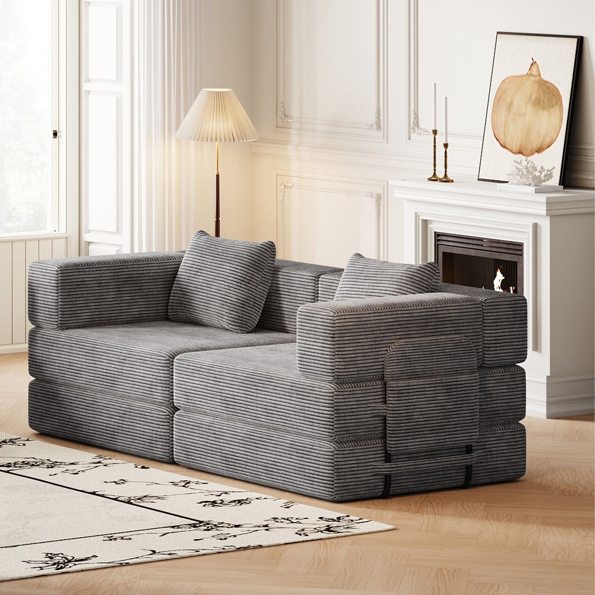 72" Convertible Corduroy Sofa Bed,Folding Sleeper Couch with Two Side Storage Pockets & Two Cushions for Living Room,Bedroom,Grey