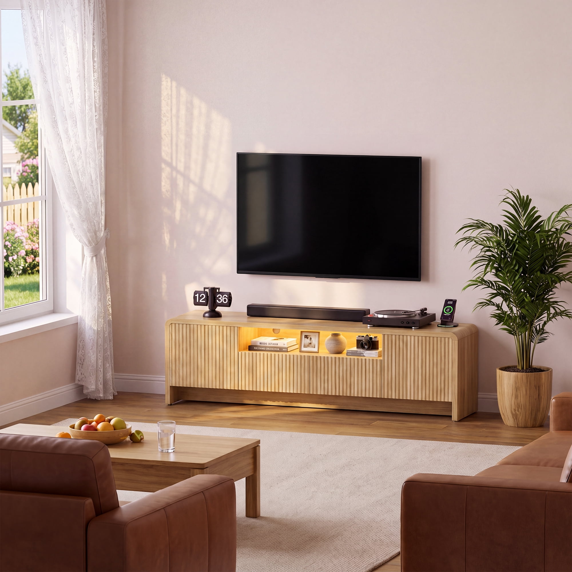 Lacoo 70 Inch Fluted TV Stand for 55-75 Inch TVs, Entertainment Center with Charging Station and RGB LED Lights, Media Console with 2 Drawers and Storage Cabinets for Living Room, Natural