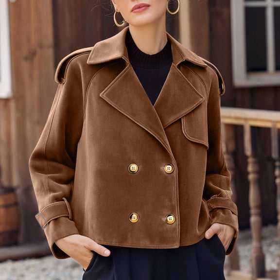 ClodeEU Women's Suede Short Jacket,Vintage Lapel Collar Duble Button Down Jacket Coffee,Womens Plus L