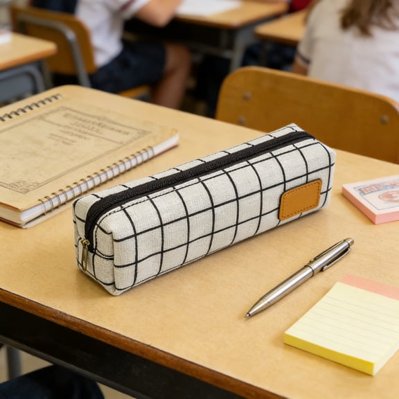 ROLKFUK Flat Pencil Pouch Slim Canvas Zipper Pen Case Minimalist Stationery Organizer for Adults Office Sch-ool White