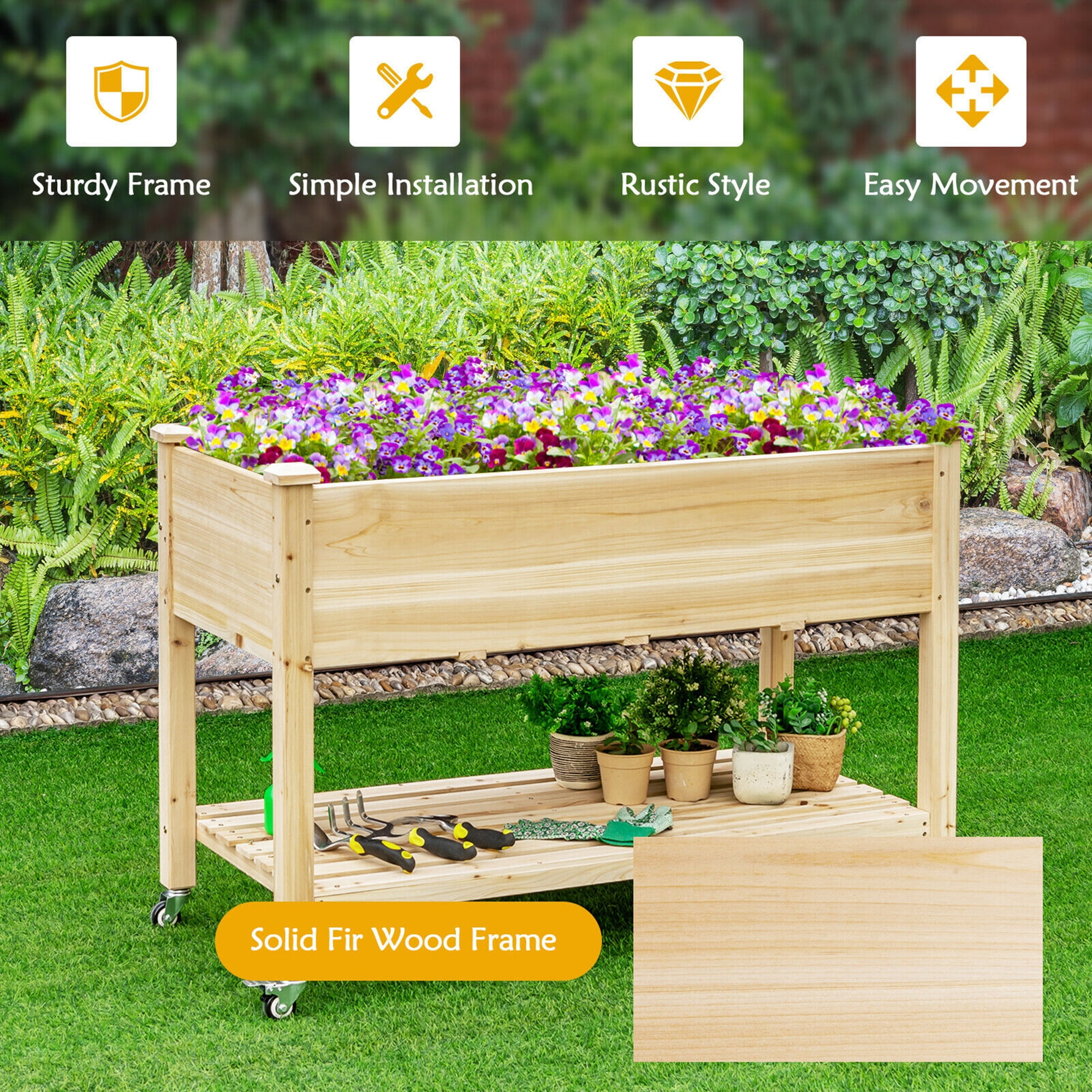 Gymax Raised Garden Bed Wood Elevated Planter Bed w/Lockable Wheels Shelf & Liner