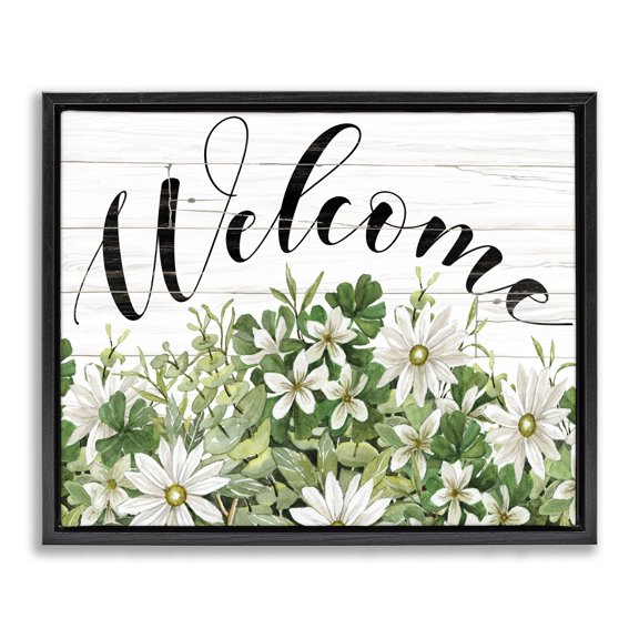 Stupell Industries Farmhouse Welcome Rustic Planked Sign White Flower Blossoms Black Floating Frame Canvas Art, 21 x 17, by Cindy Jacobs