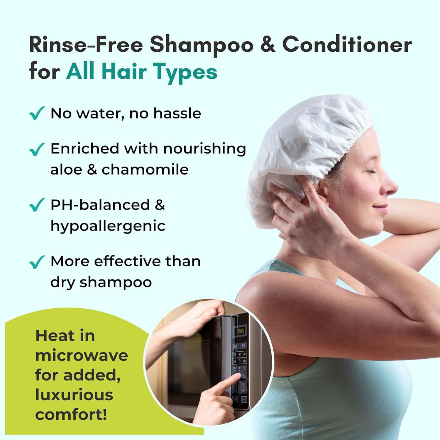 Nurture No Rinse Waterless Shampoo Caps, Microwavable Hair Wash & Conditioning Shower Caps for Adults, Elderly, and Bedridden Individuals, 6 Pack