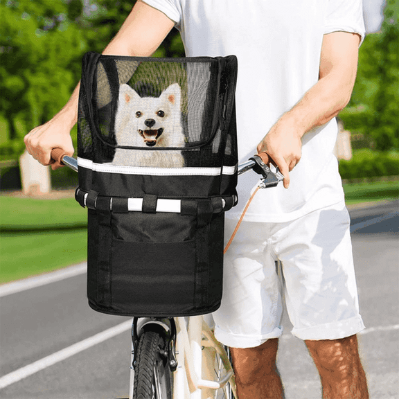 FANGNISN Upgraded Bike Basket Folding with Zippered Skylight Opening, Small Pet Cat Dog Carrier Front Removable Bicycle Handlebar Bag, Cycling Holder Storage Basket Black