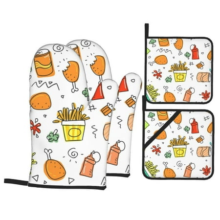 

Oven Mitts and Pot Holders Set Baking 4-Piece Set for Kitchen for Outdoor BBQ Mitts Heat Resistant Cooking Childhood Graffiti Pattern