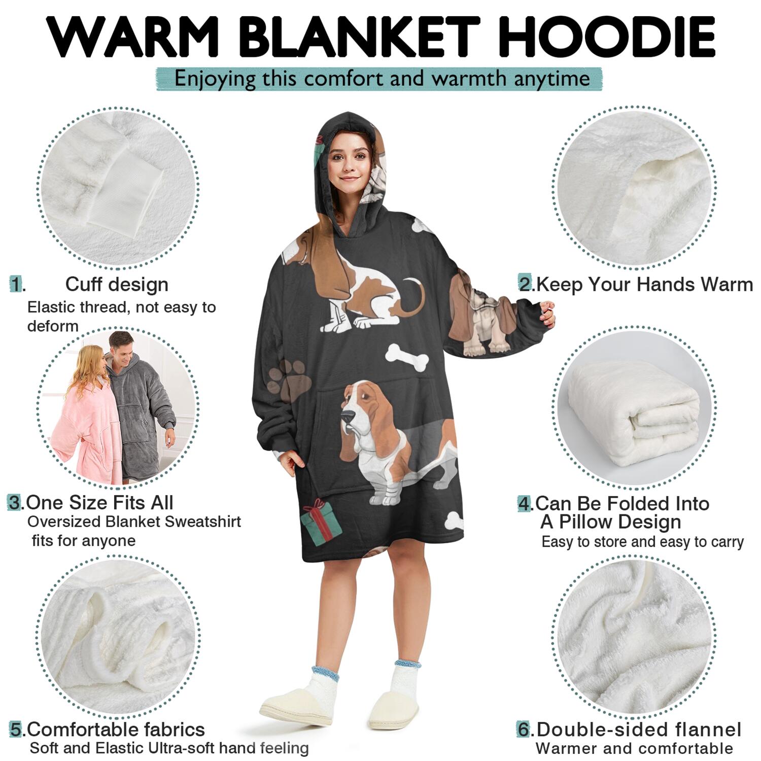 Wearable Oversized Blanket,Basset Hounds with Bones and Presents Wearable Blanket Hoodie for Adults,Cozy Hooded Blankets with Super Pockets,Super Warm Fuzzy Pullover for Women & Men