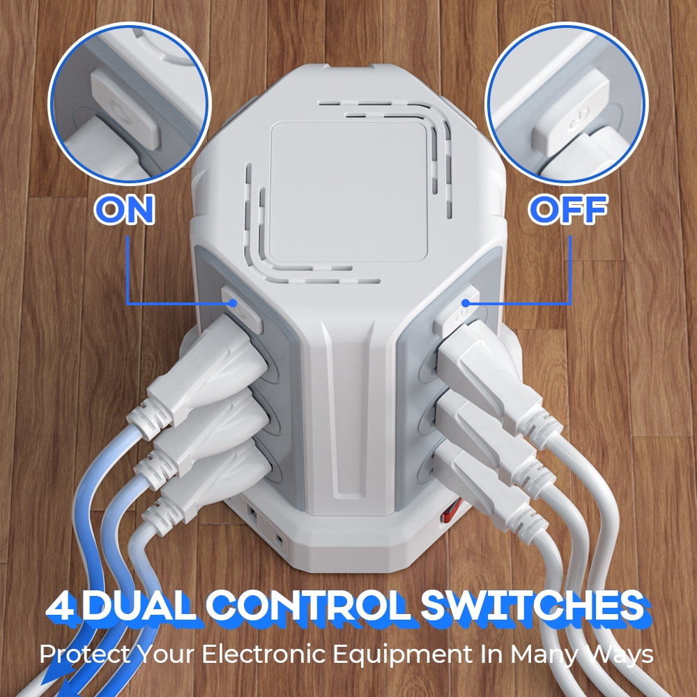 Surge Protector Power Strip Tower with 12 Outlets 4 USB Ports, 10ft Cord Electric Charging Station, White