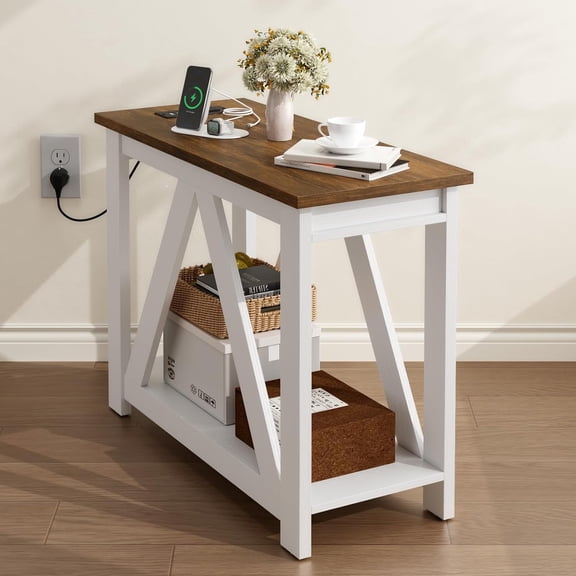 Set of Narrow End Tables with Open Storage – Farmhouse Side Tables for Small Spaces, Living Room, Bedroom