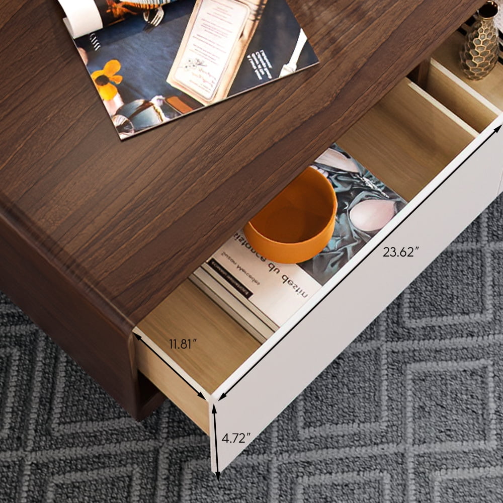 POVISON Modern Rectangular Coffee Table, Wood Coffee Table with Storage, 4 Solid Wood Drawers, Fully-Assembled, 51", Walnut White